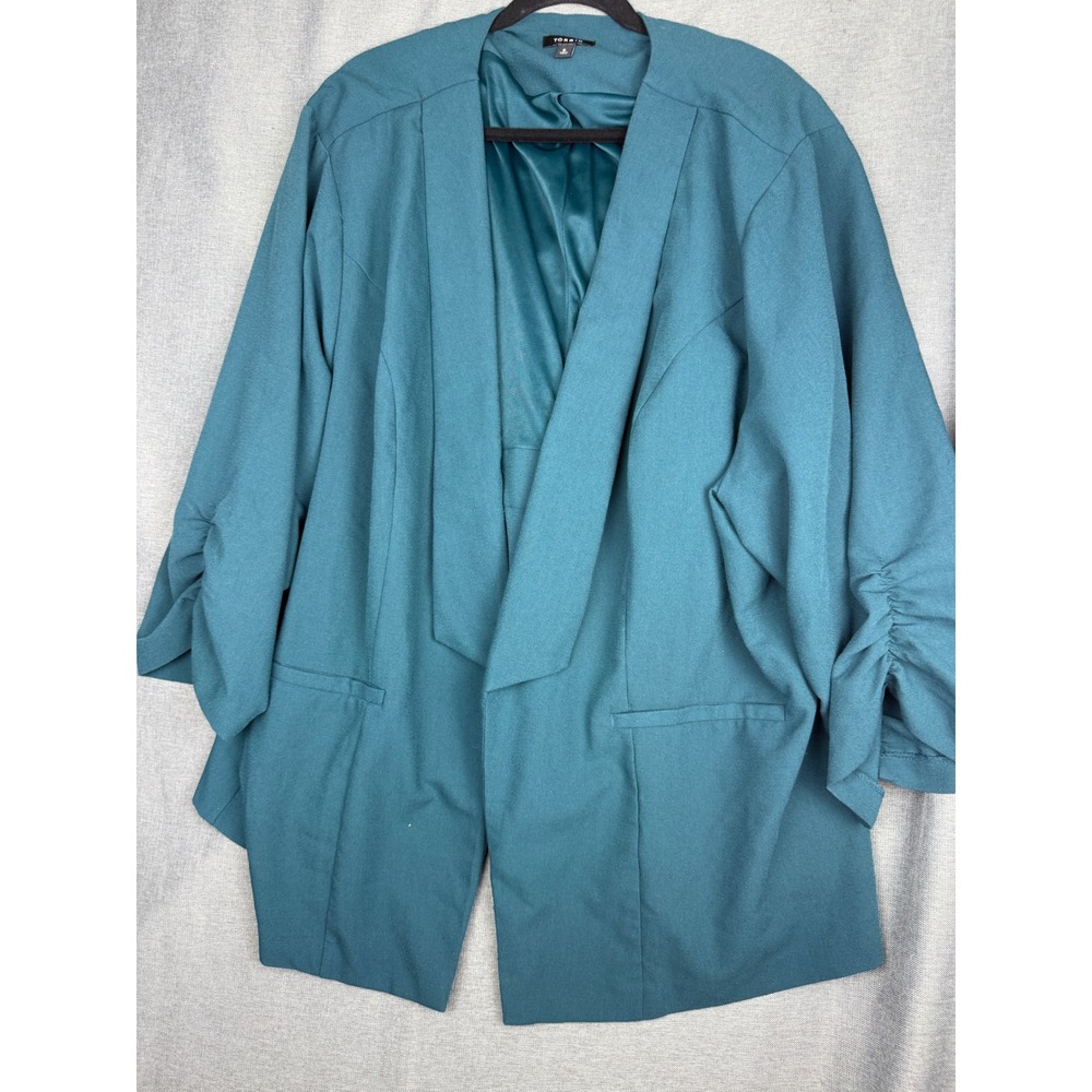 Torrid Teal Green Blue Ruched 3/4 Sleeve Open Front Draped Blazer Jacket Plus 6